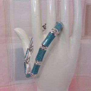 E Pearl Blue Enamel Silver Link Bracelet 7.5" L